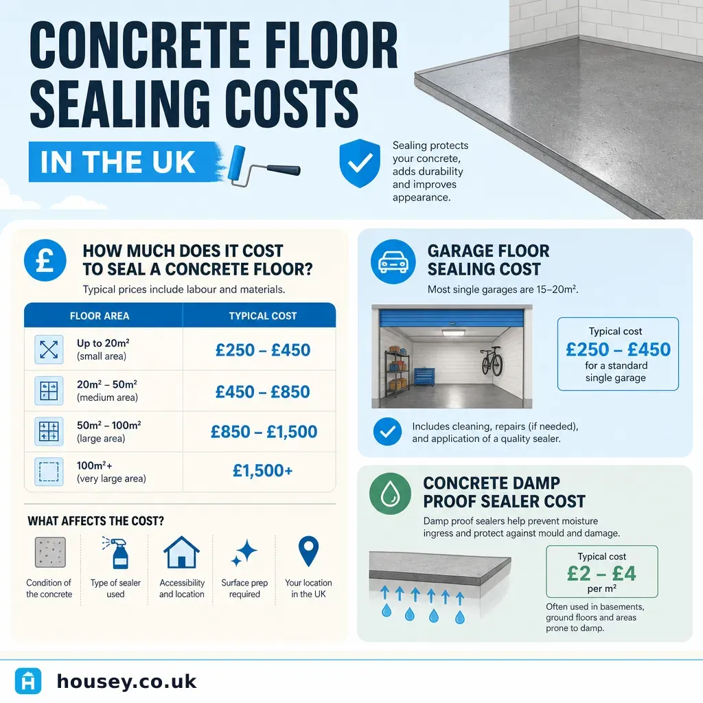 Infographic illustrating: Concrete Floor Sealing Costs in the UK
