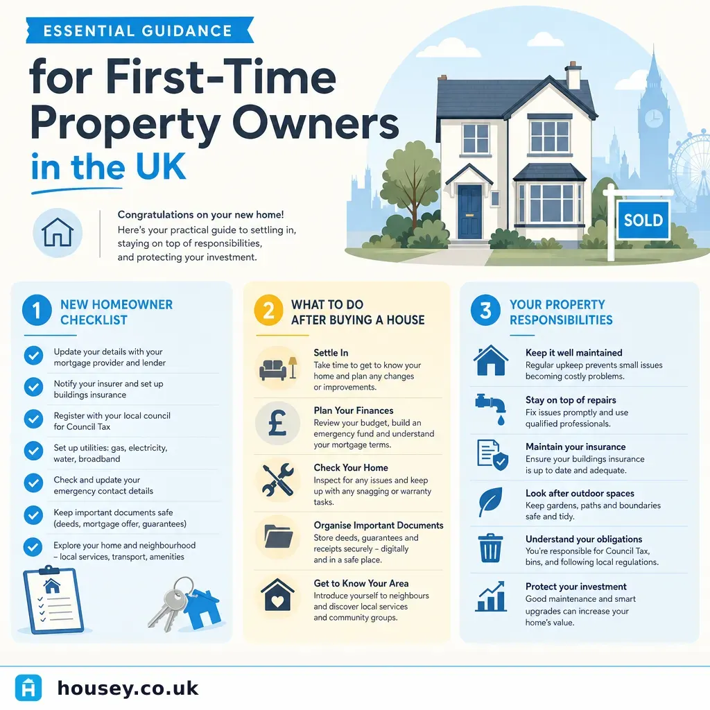Infographic illustrating: Essential guidance for first-time property owners in the UK