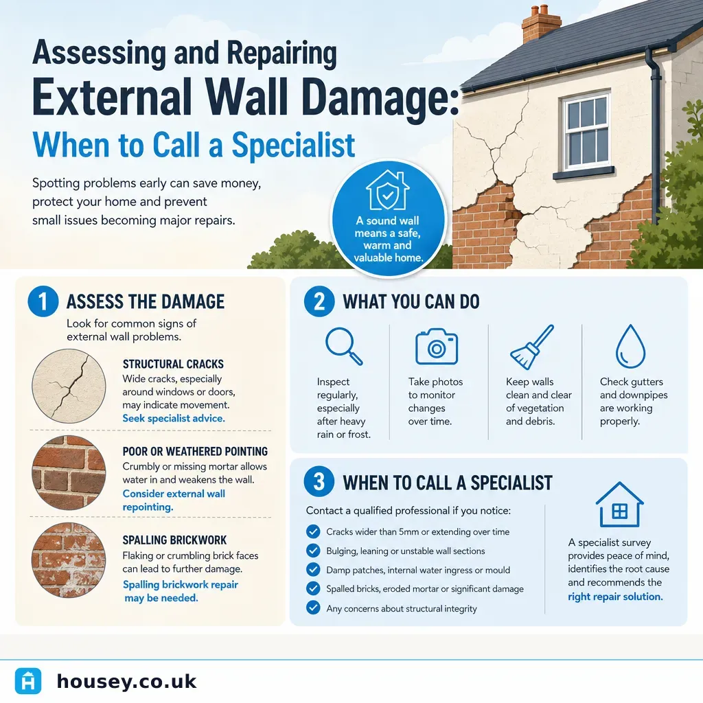 Infographic illustrating: Assessing and Repairing External Wall Damage: When to Call a Specialist