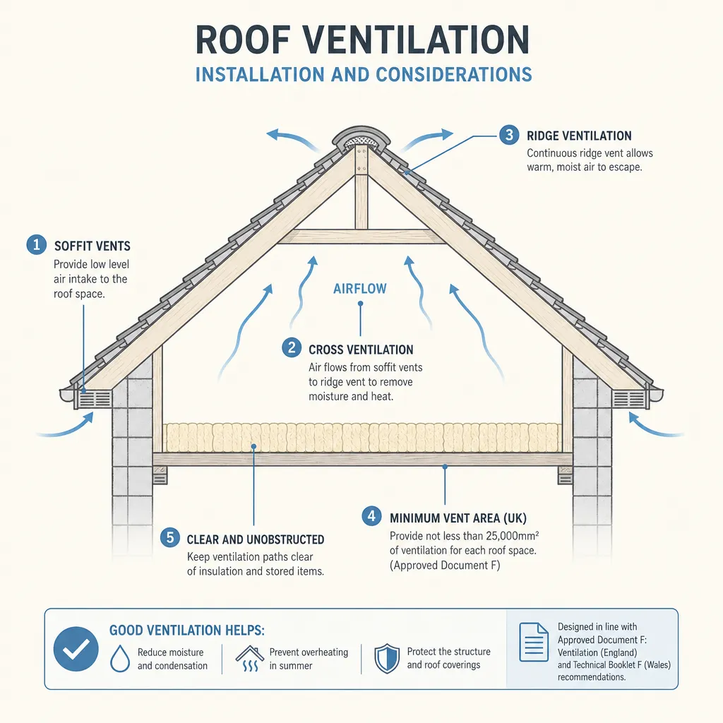 Diagram illustrating: Roof Ventilation Installation and Considerations