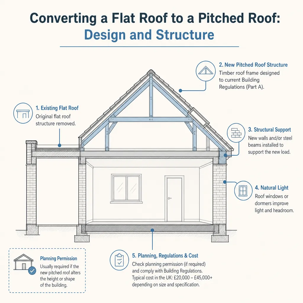 Diagram illustrating: Converting a Flat Roof to a Pitched Roof: Design and Structure