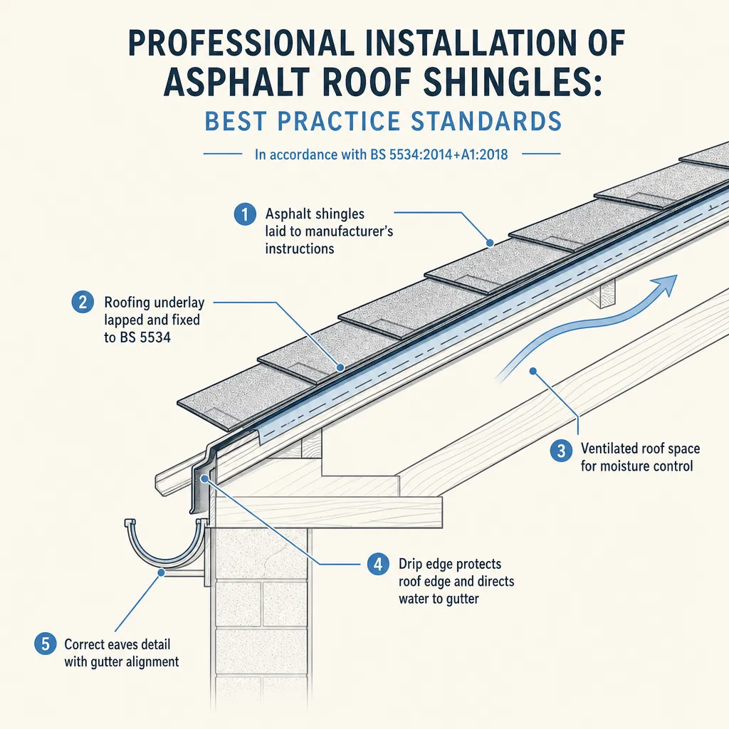 Diagram illustrating: Professional Installation of Asphalt Roof Shingles: Best Practice Standards