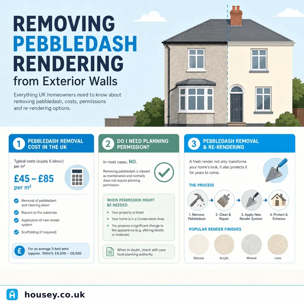 Infographic illustrating: Removing Pebbledash Rendering from Exterior Walls