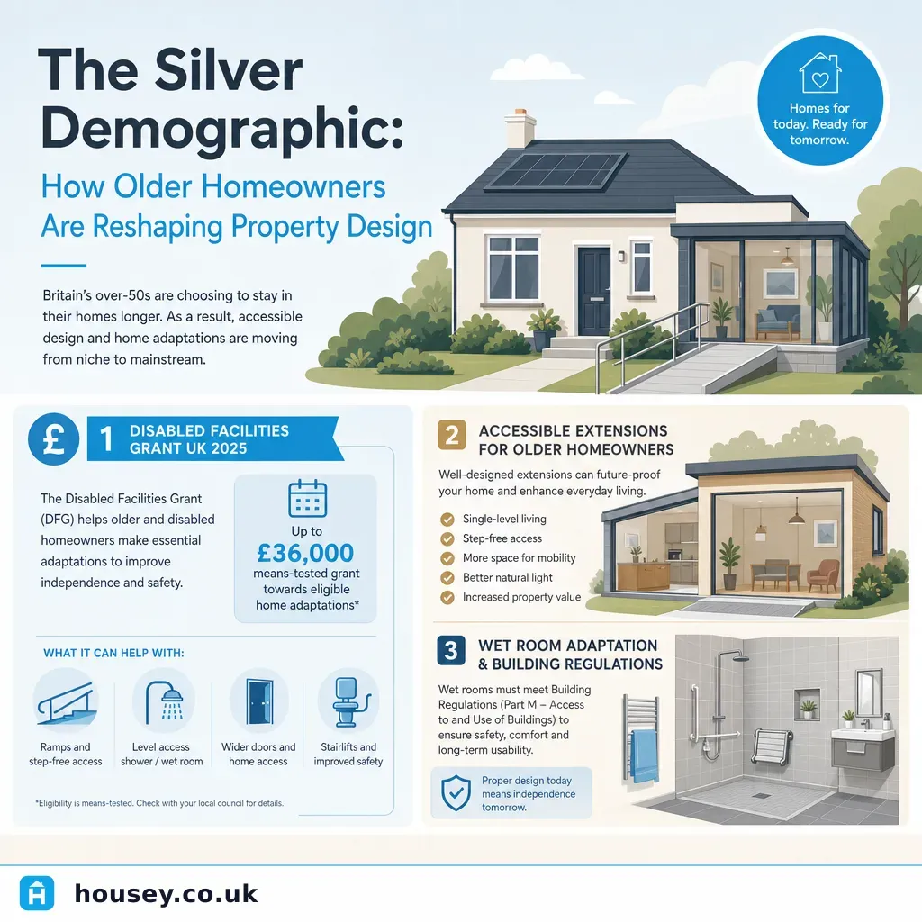Infographic illustrating: The Silver Demographic: How Older Homeowners Are Reshaping Property Design