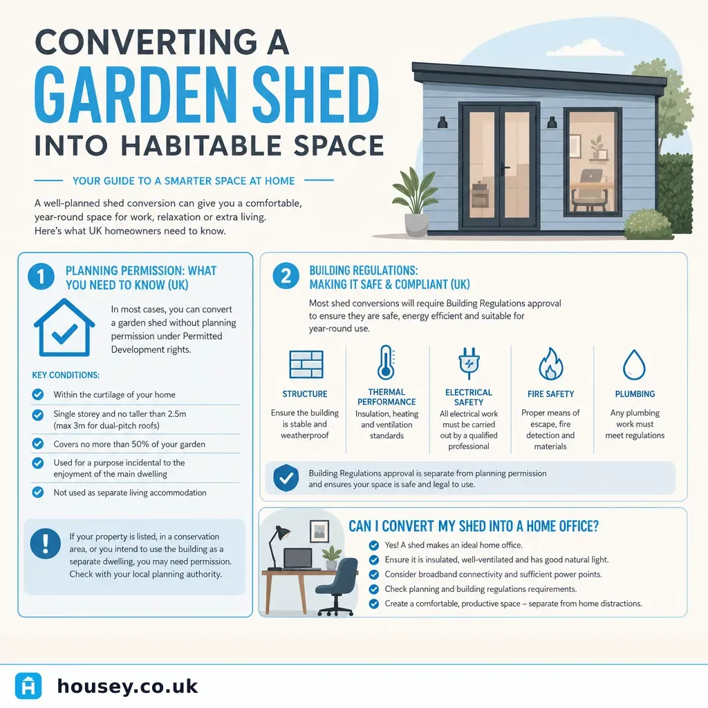 Infographic illustrating: Converting a Garden Shed Into Habitable Space