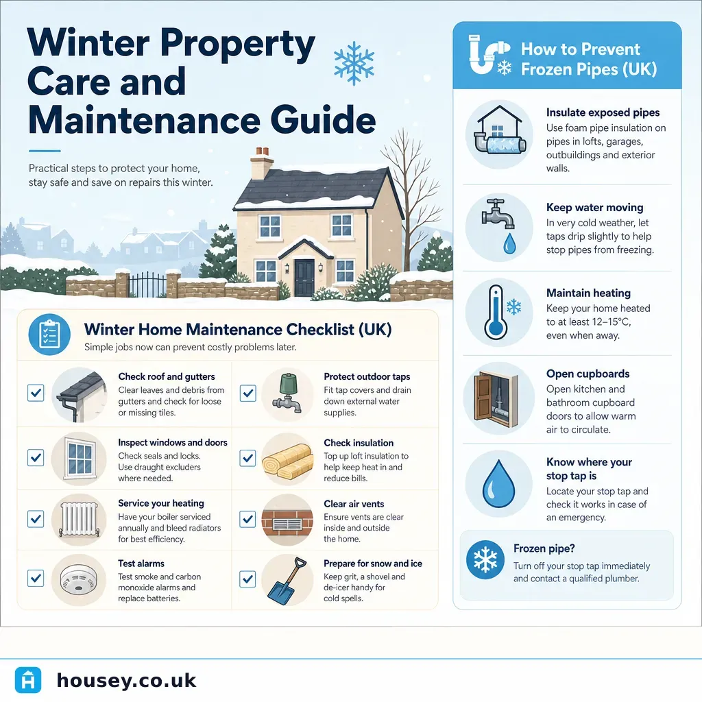 Infographic illustrating: Winter Property Care and Maintenance Guide