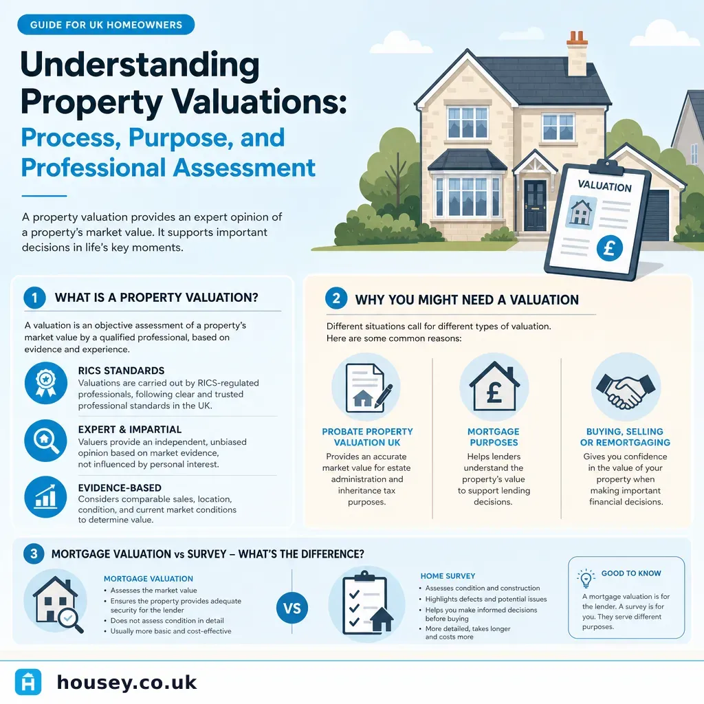 Infographic illustrating: Understanding Property Valuations: Process, Purpose, and Professional Assessment