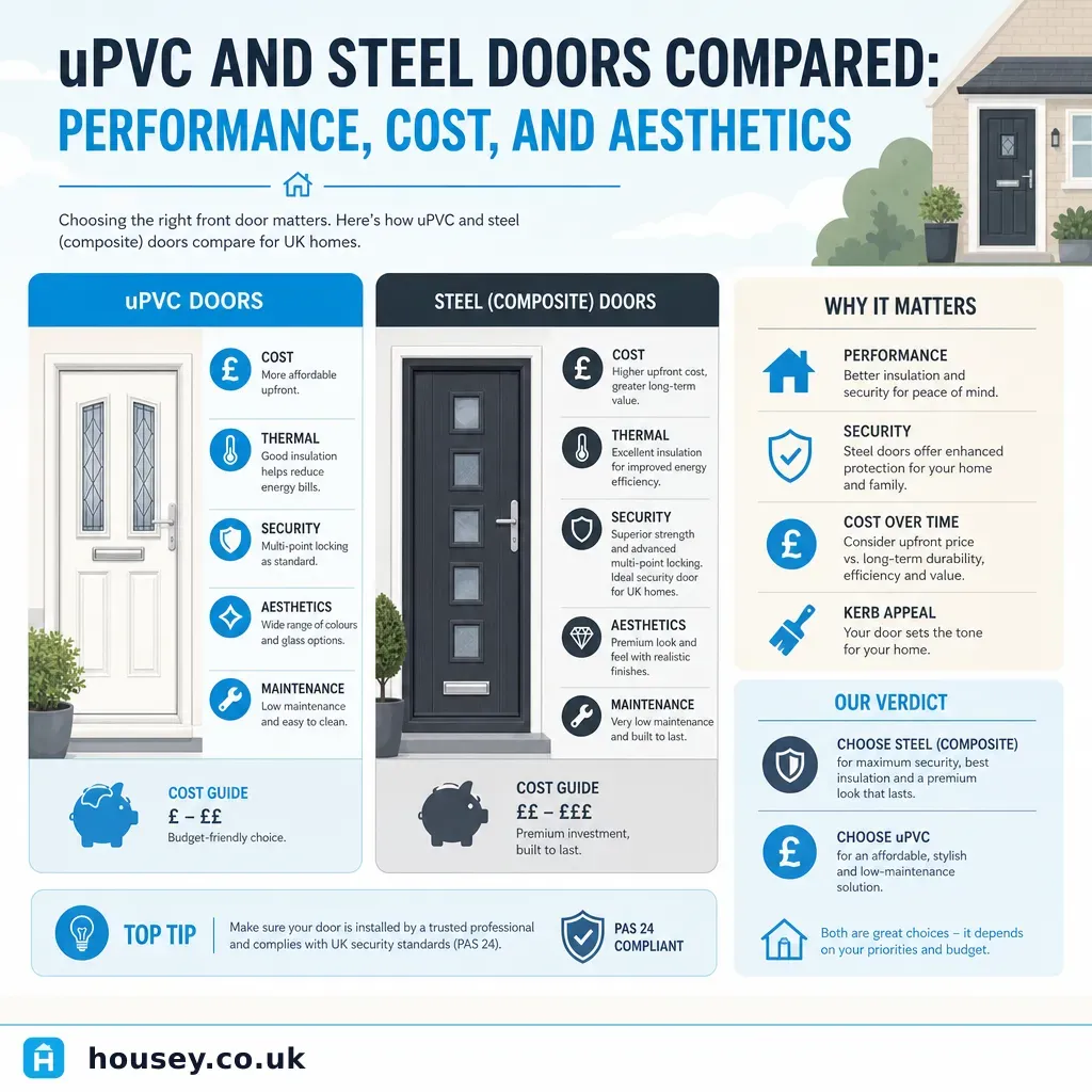 Infographic illustrating: uPVC and Steel Doors Compared: Performance, Cost, and Aesthetics