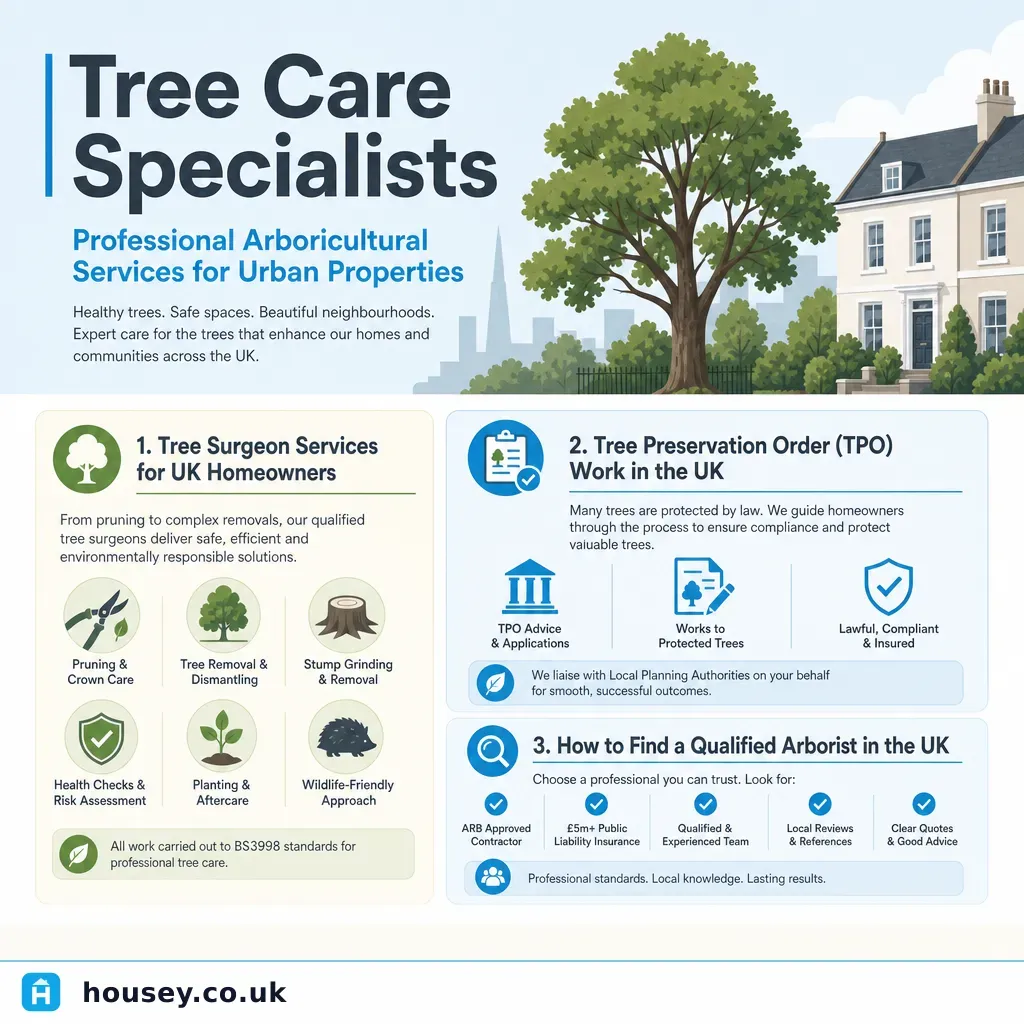 Infographic illustrating: Tree Care Specialists: Professional Arboricultural Services for Urban Properties