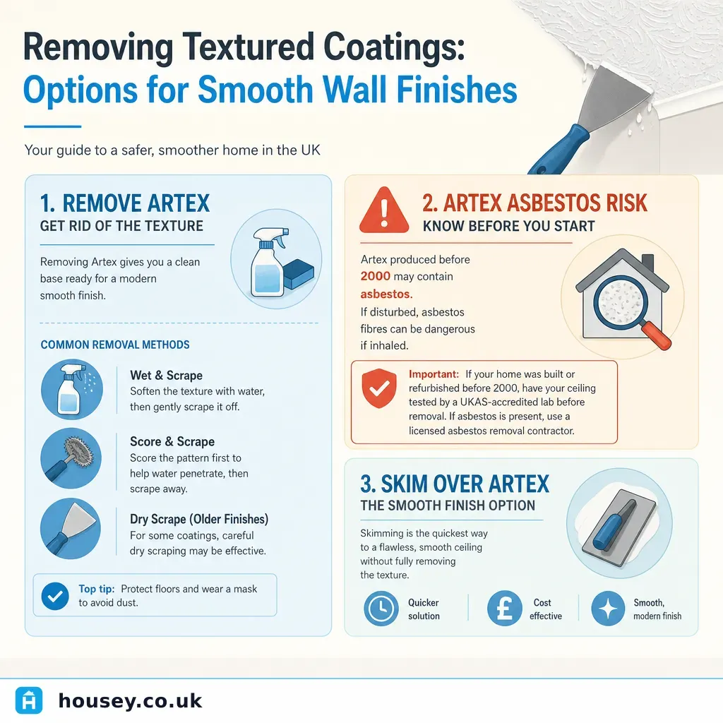 Infographic illustrating: Removing Textured Coatings: Options for Smooth Wall Finishes