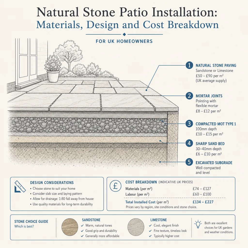 Diagram illustrating: Natural Stone Patio Installation: Materials, Design and Cost Breakdown