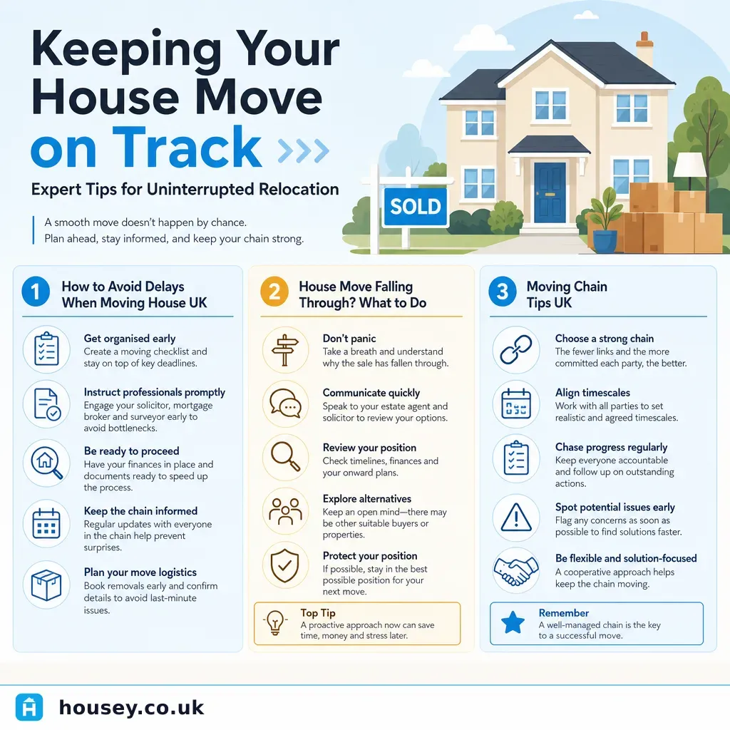 Infographic illustrating: Keeping Your House Move on Track: Expert Tips for Uninterrupted Relocation