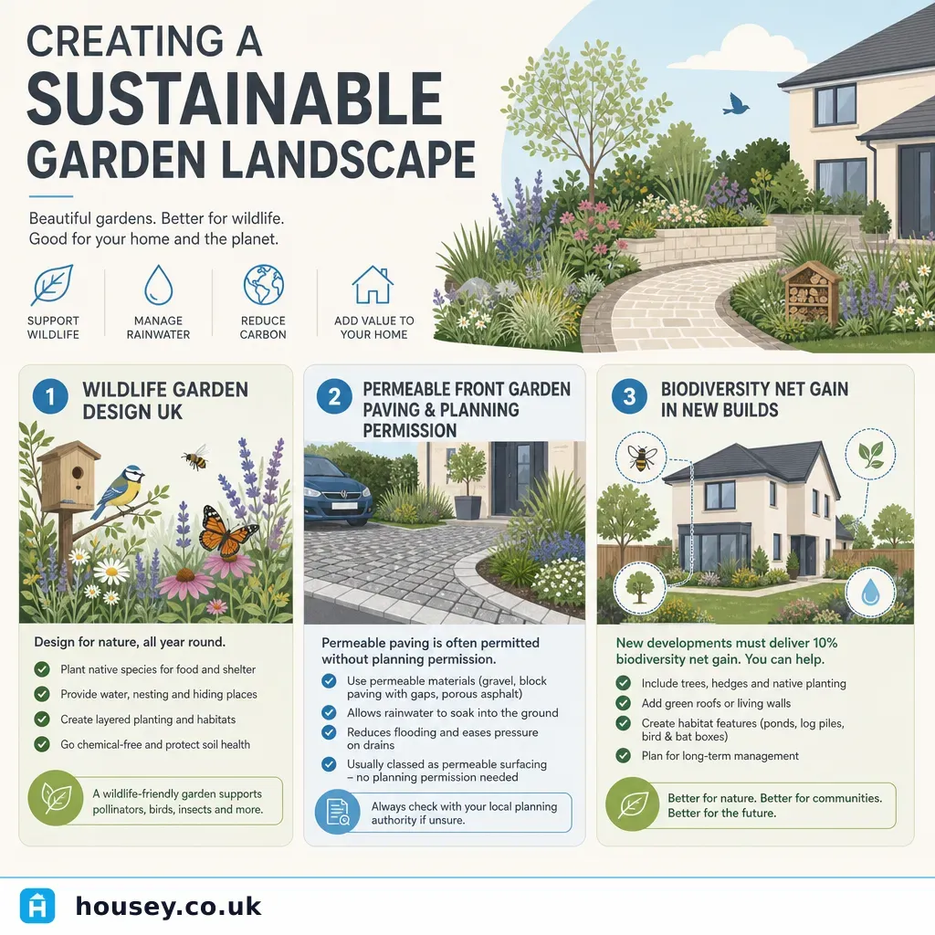 Infographic illustrating: Creating a Sustainable Garden Landscape