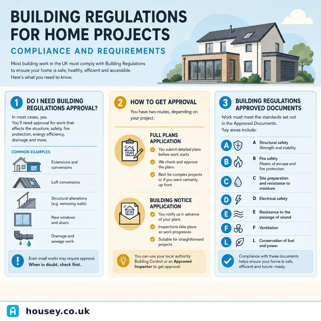Infographic illustrating: Building Regulations for Home Projects: Compliance and Requirements