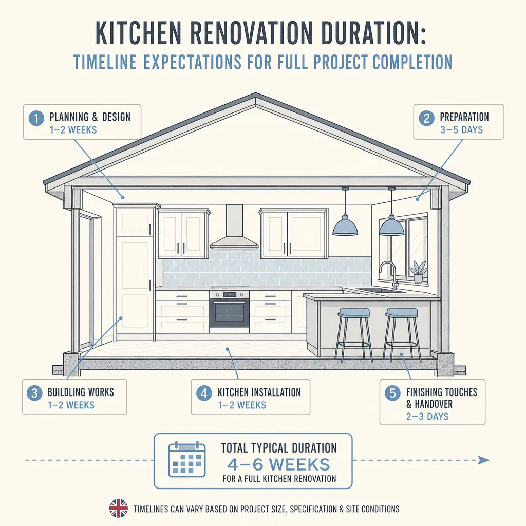 Diagram illustrating: Kitchen Renovation Duration: Timeline Expectations for Full Project Completion