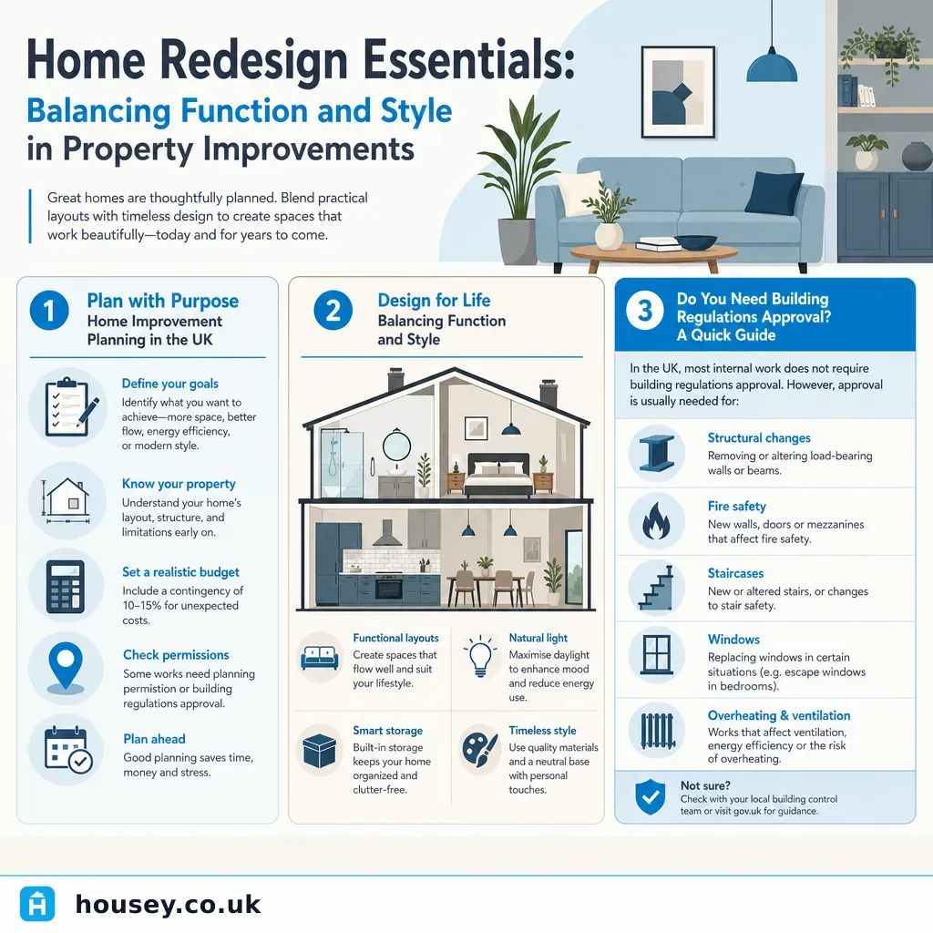 Infographic illustrating: Home Redesign Essentials: Balancing Function and Style in Property Improvements