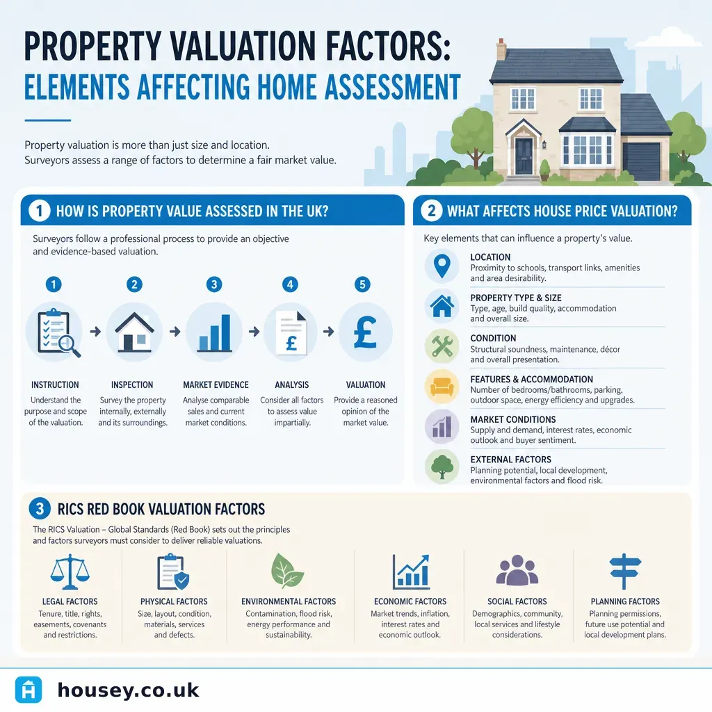 Infographic illustrating: Property Valuation Factors: Elements Affecting Home Assessment