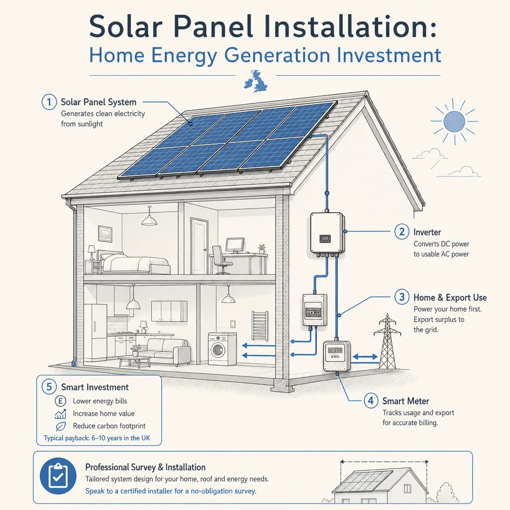 Diagram illustrating: Solar Panel Installation: Home Energy Generation Investment