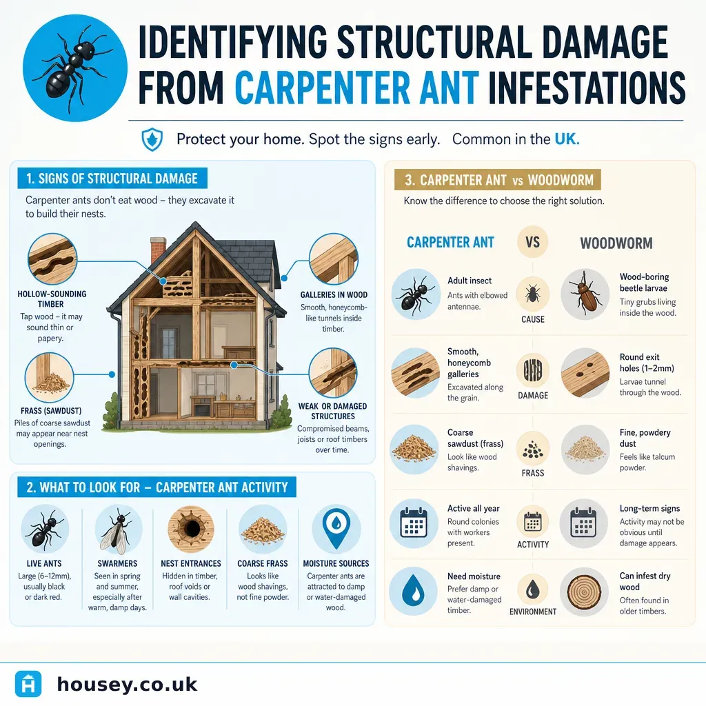 Infographic illustrating: Identifying Structural Damage from Carpenter Ant Infestations