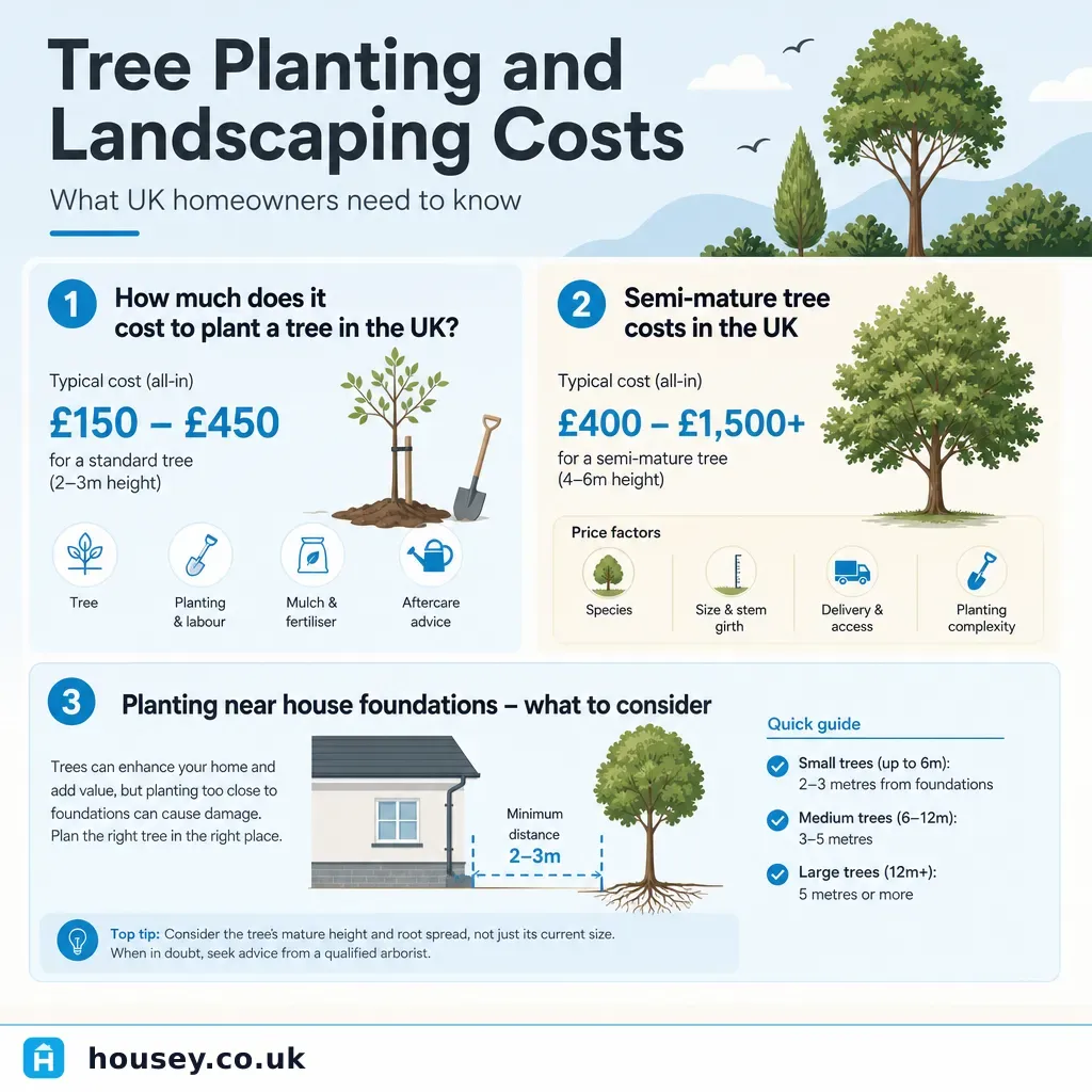 Infographic illustrating: Tree Planting and Landscaping Costs