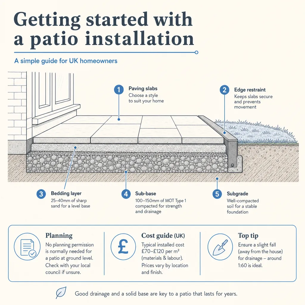 Diagram illustrating: Getting started with a patio installation