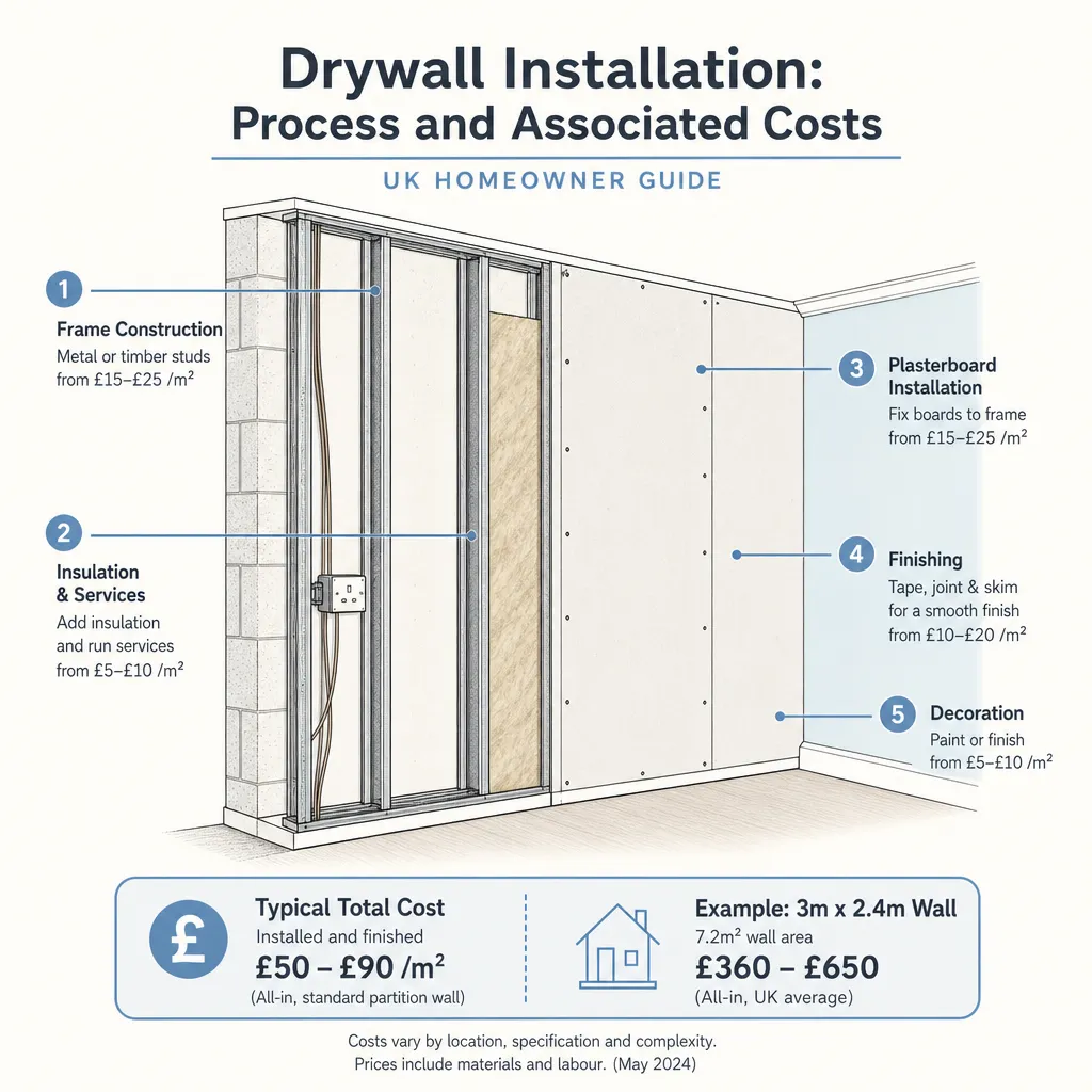 Diagram illustrating: Drywall Installation: Process and Associated Costs
