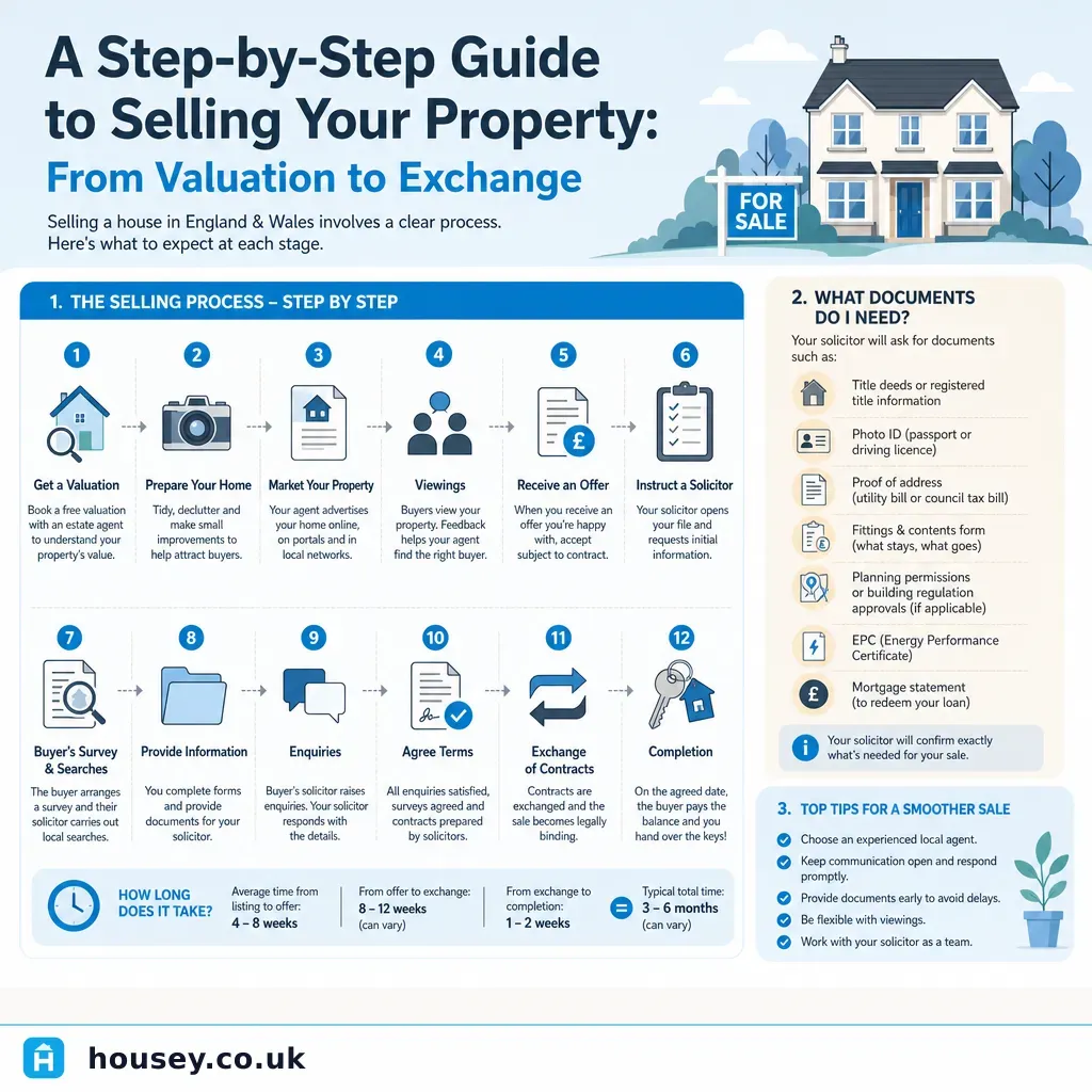 Infographic illustrating: A Step-by-Step Guide to Selling Your Property: From Valuation to Exchange