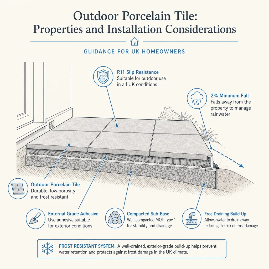 Diagram illustrating: Outdoor Porcelain Tile: Properties and Installation Considerations