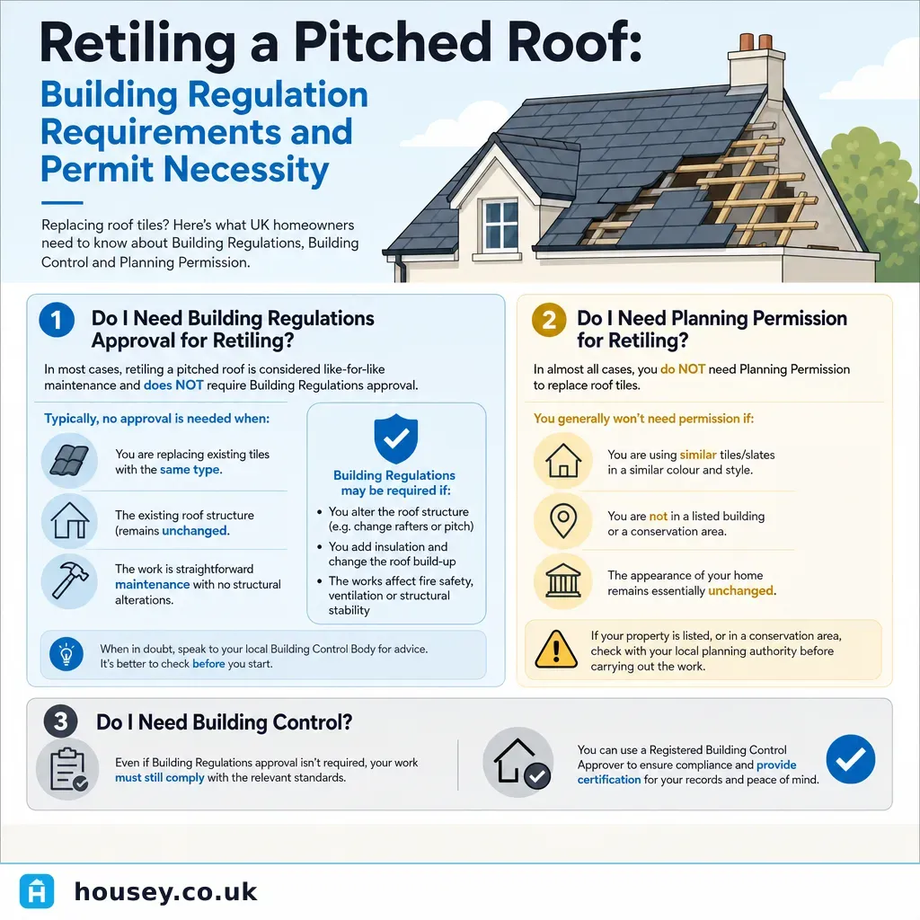 Infographic illustrating: Retiling a Pitched Roof: Building Regulation Requirements and Permit Necessity