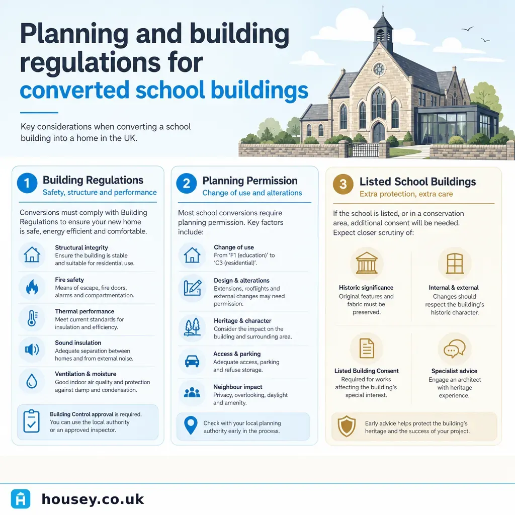 Infographic illustrating: Planning and building regulations for converted school buildings