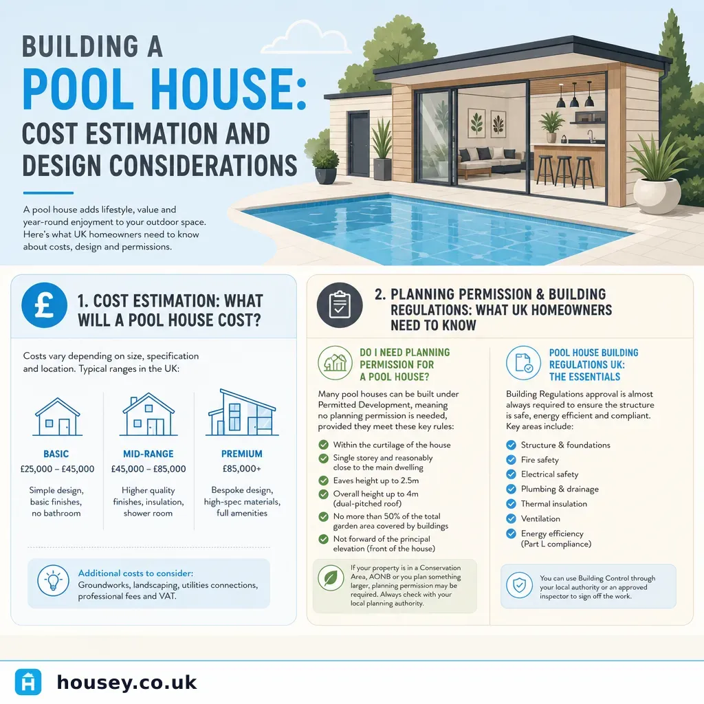 Infographic illustrating: Building a Pool House: Cost Estimation and Design Considerations