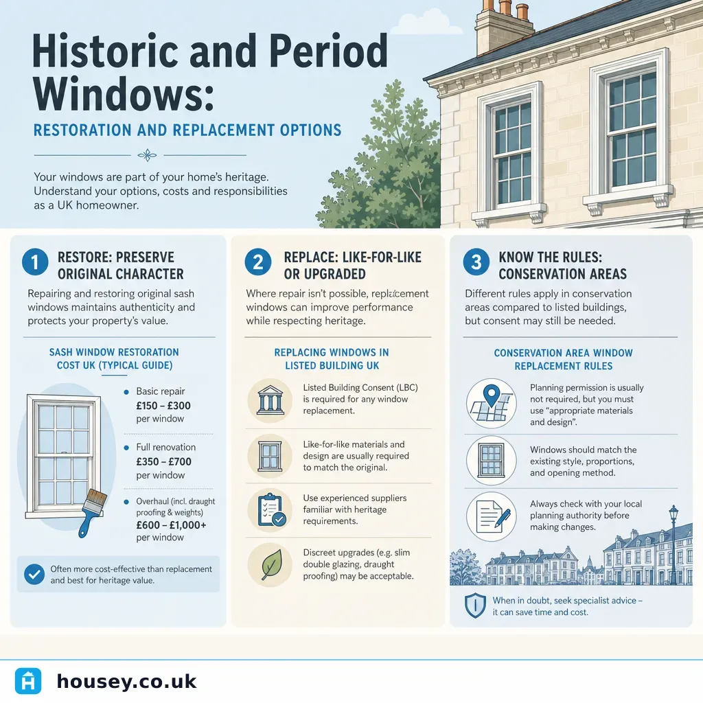Infographic illustrating: Historic and Period Windows: Restoration and Replacement Options