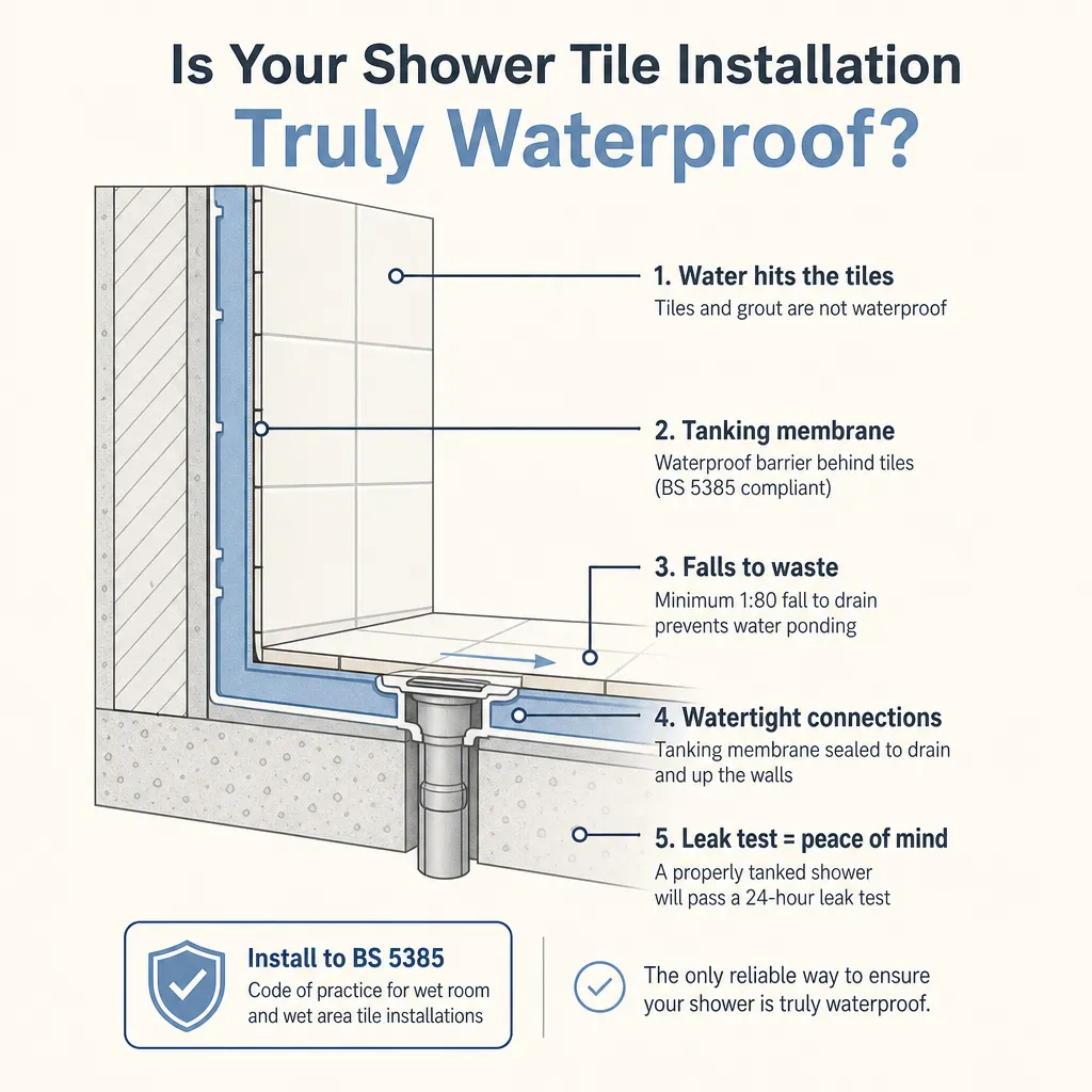 Diagram illustrating: Is Your Shower Tile Installation Truly Waterproof?