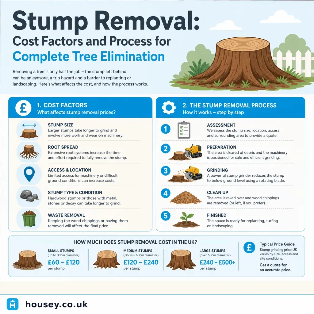 Infographic illustrating: Stump Removal: Cost Factors and Process for Complete Tree Elimination
