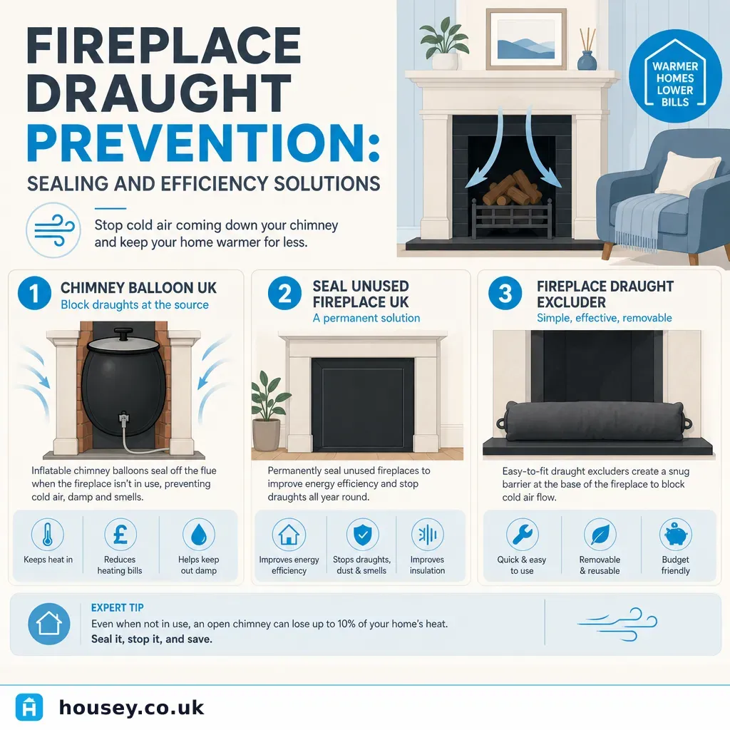 Infographic illustrating: Fireplace Draught Prevention: Sealing and Efficiency Solutions