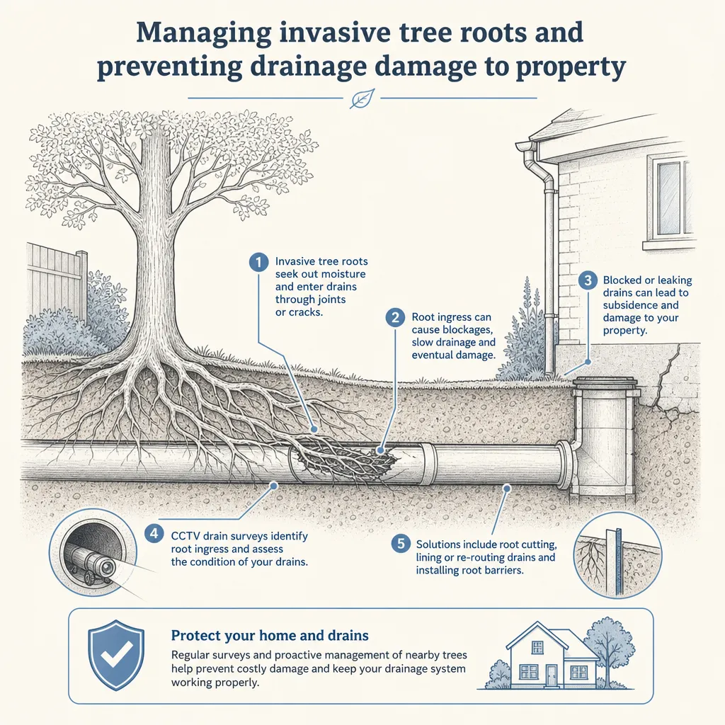 Diagram illustrating: Managing invasive tree roots and preventing drainage damage to property