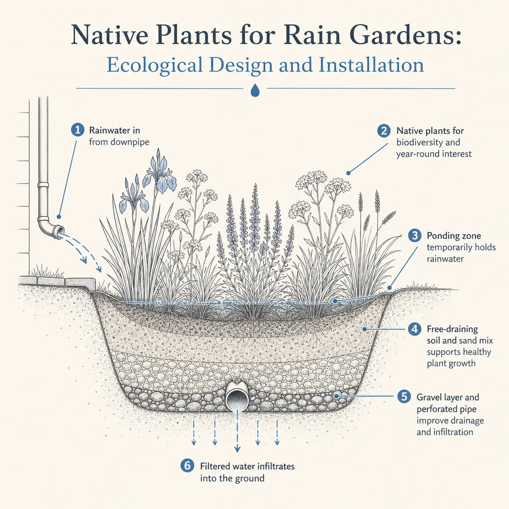 Diagram illustrating: Native Plants for Rain Gardens: Ecological Design and Installation
