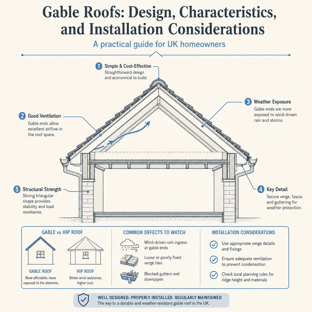 Diagram illustrating: Gable Roofs: Design, Characteristics, and Installation Considerations