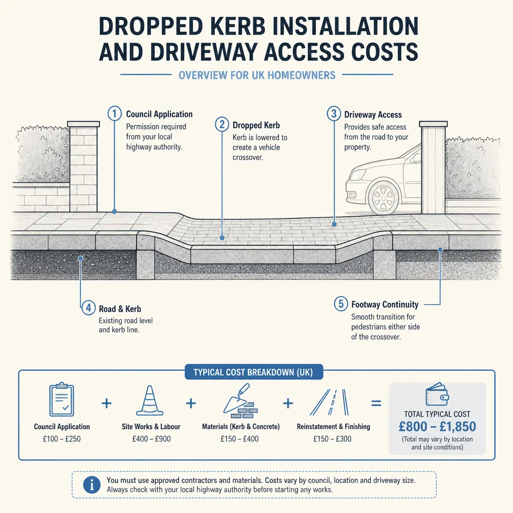 Diagram illustrating: Dropped Kerb Installation and Driveway Access Costs