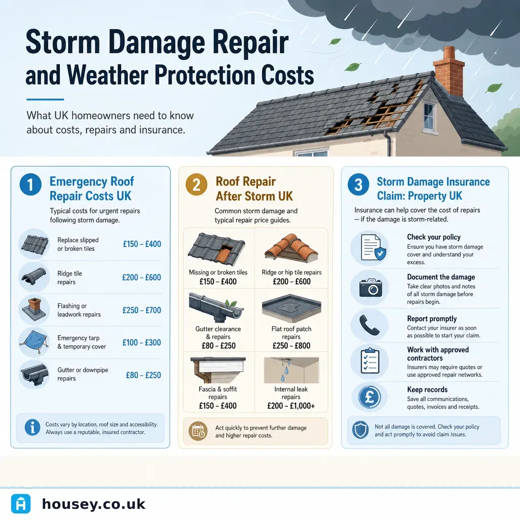 Infographic illustrating: Storm Damage Repair and Weather Protection Costs