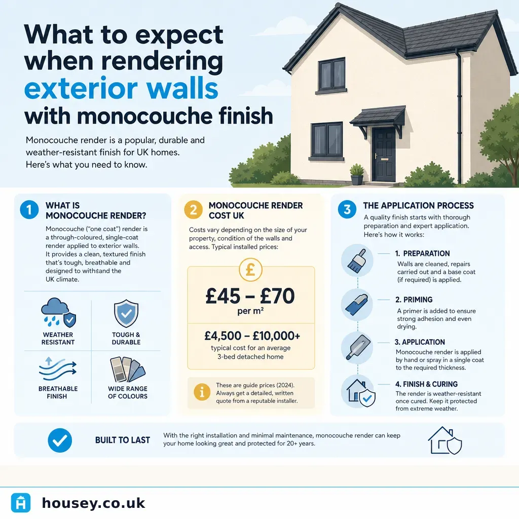 Infographic illustrating: What to expect when rendering exterior walls with monocouche finish