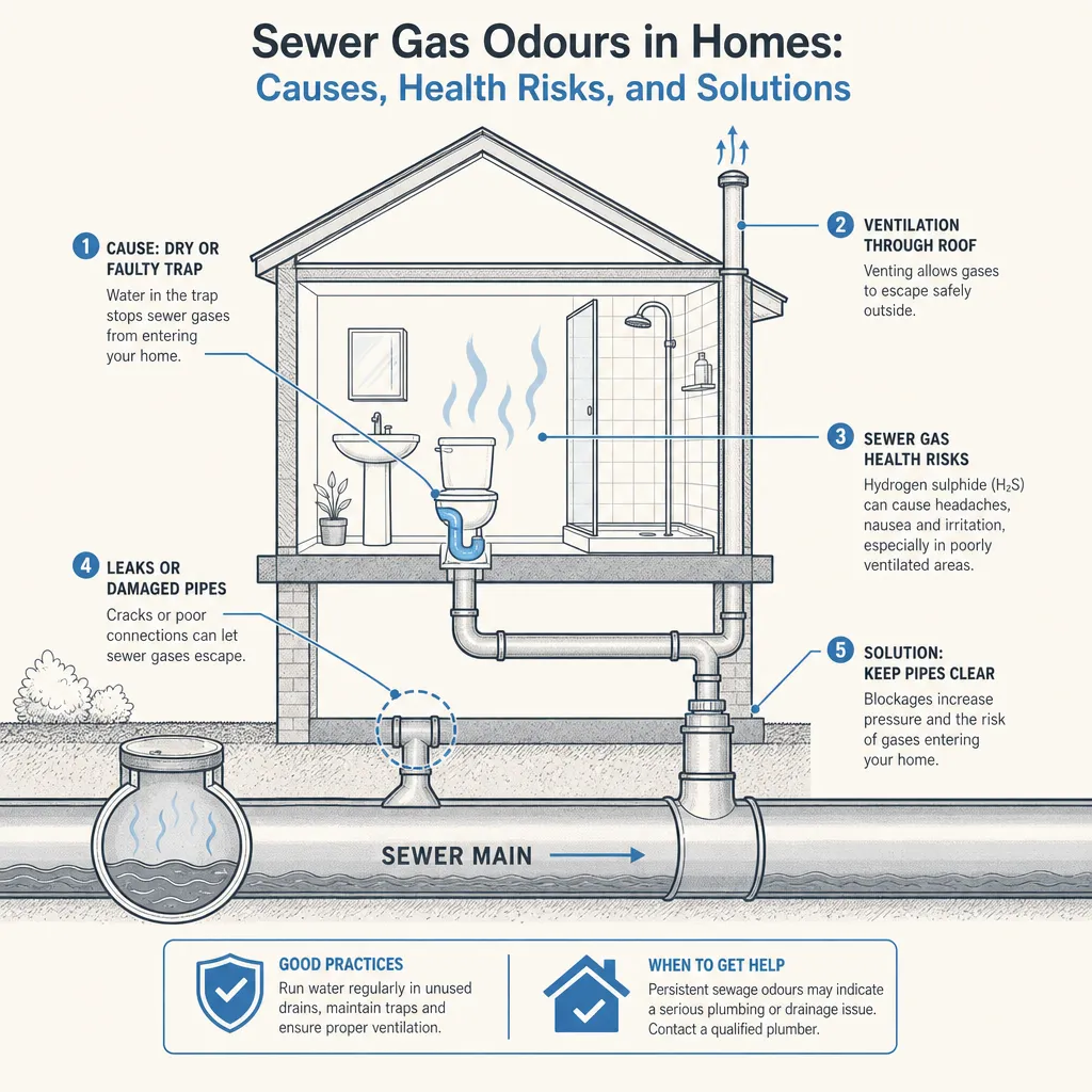 Diagram illustrating: Sewer Gas Odours in Homes: Causes, Health Risks, and Solutions