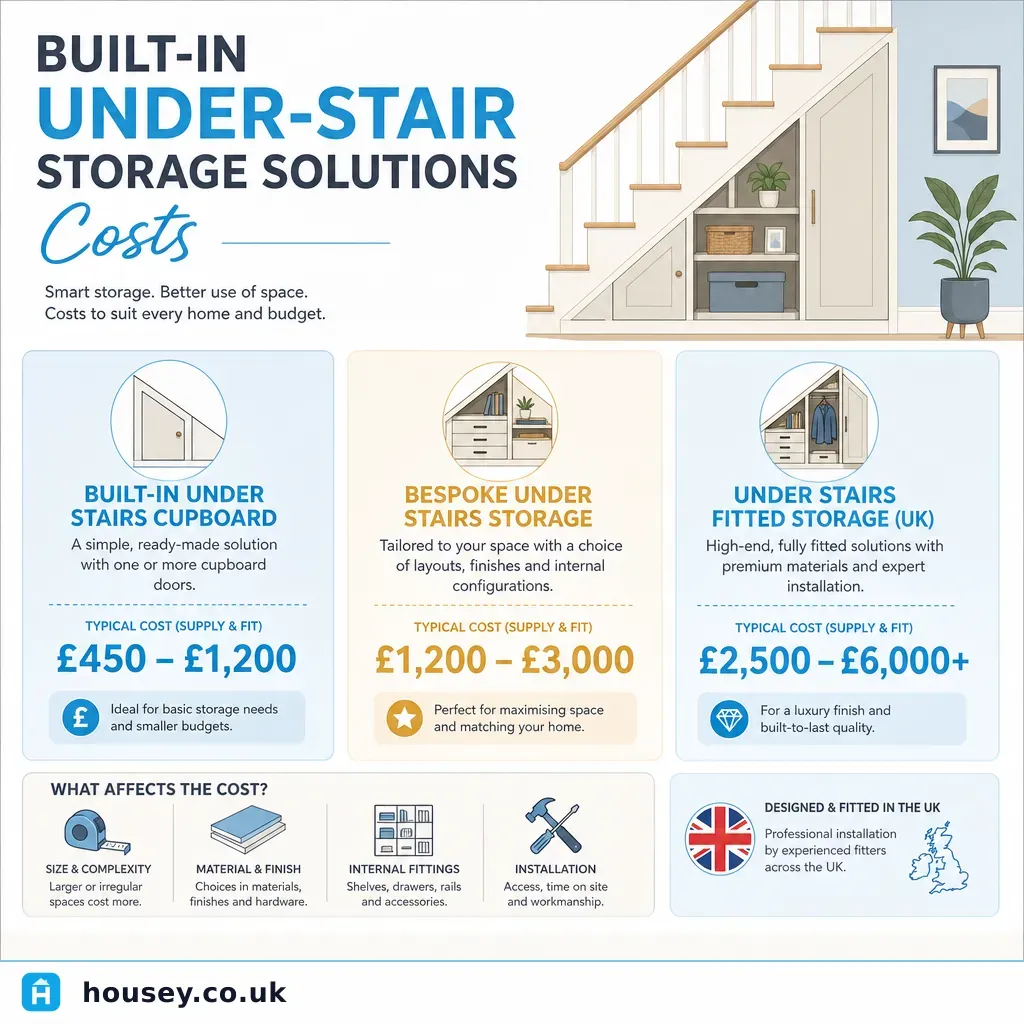 Infographic illustrating: Built-In Under-Stair Storage Solutions Costs