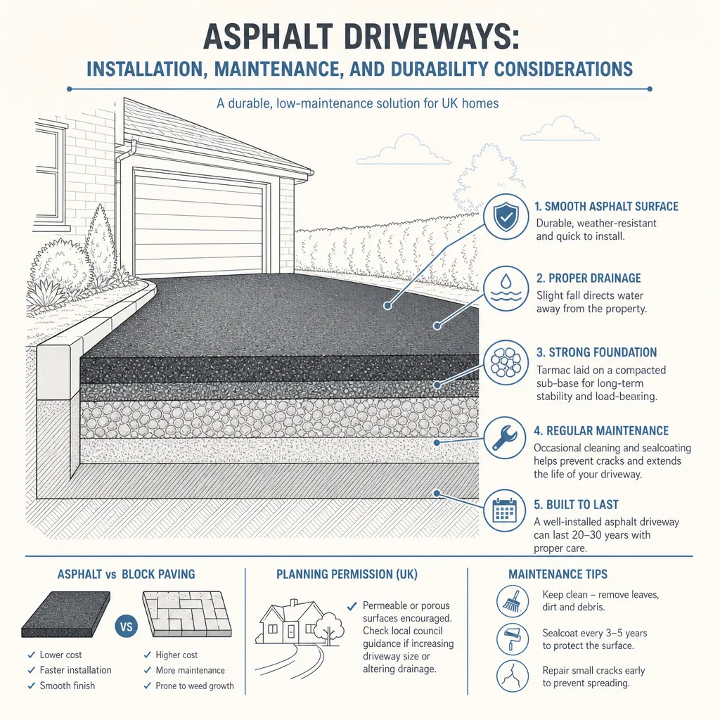 Diagram illustrating: Asphalt Driveways: Installation, Maintenance, and Durability Considerations