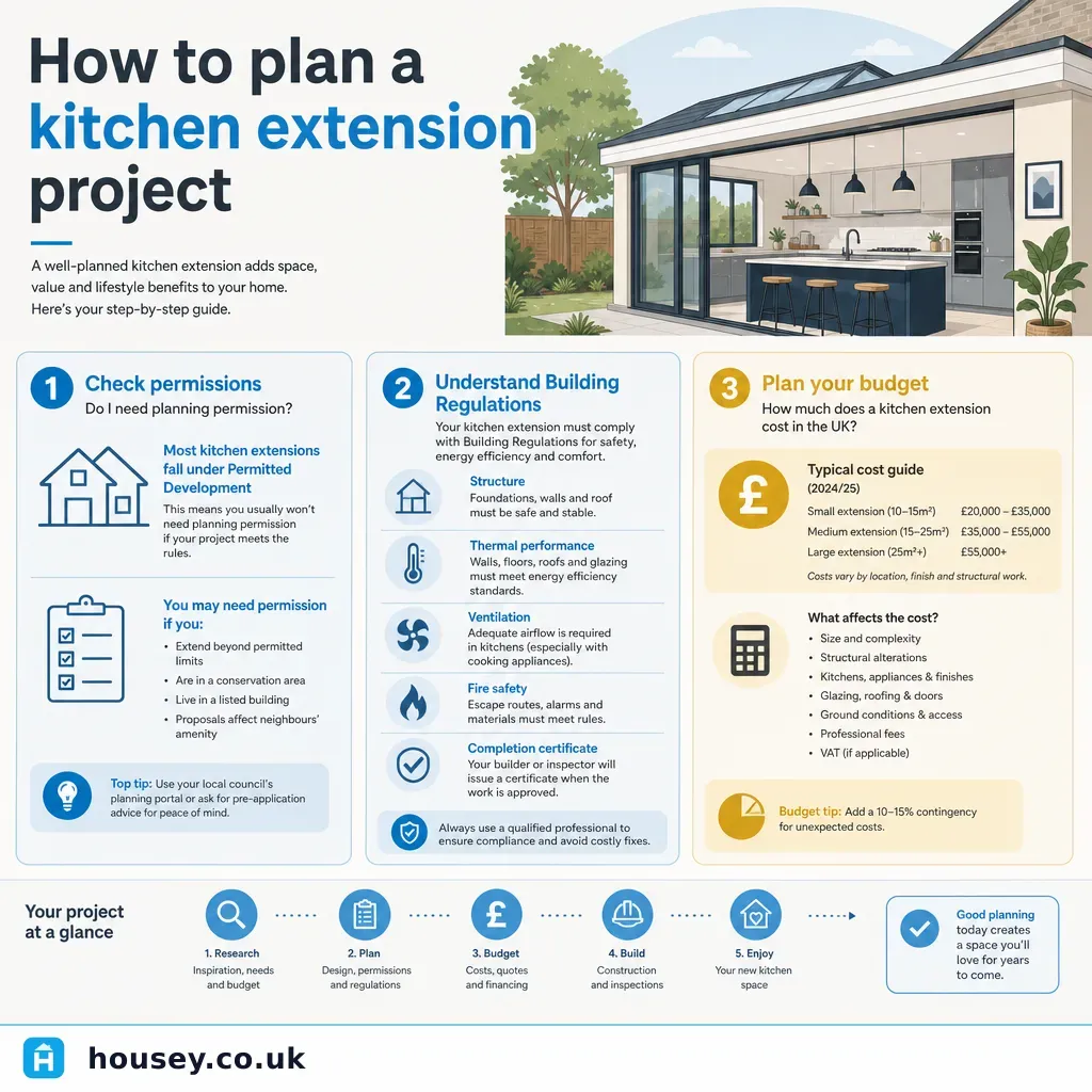 Infographic illustrating: How to plan a kitchen extension project
