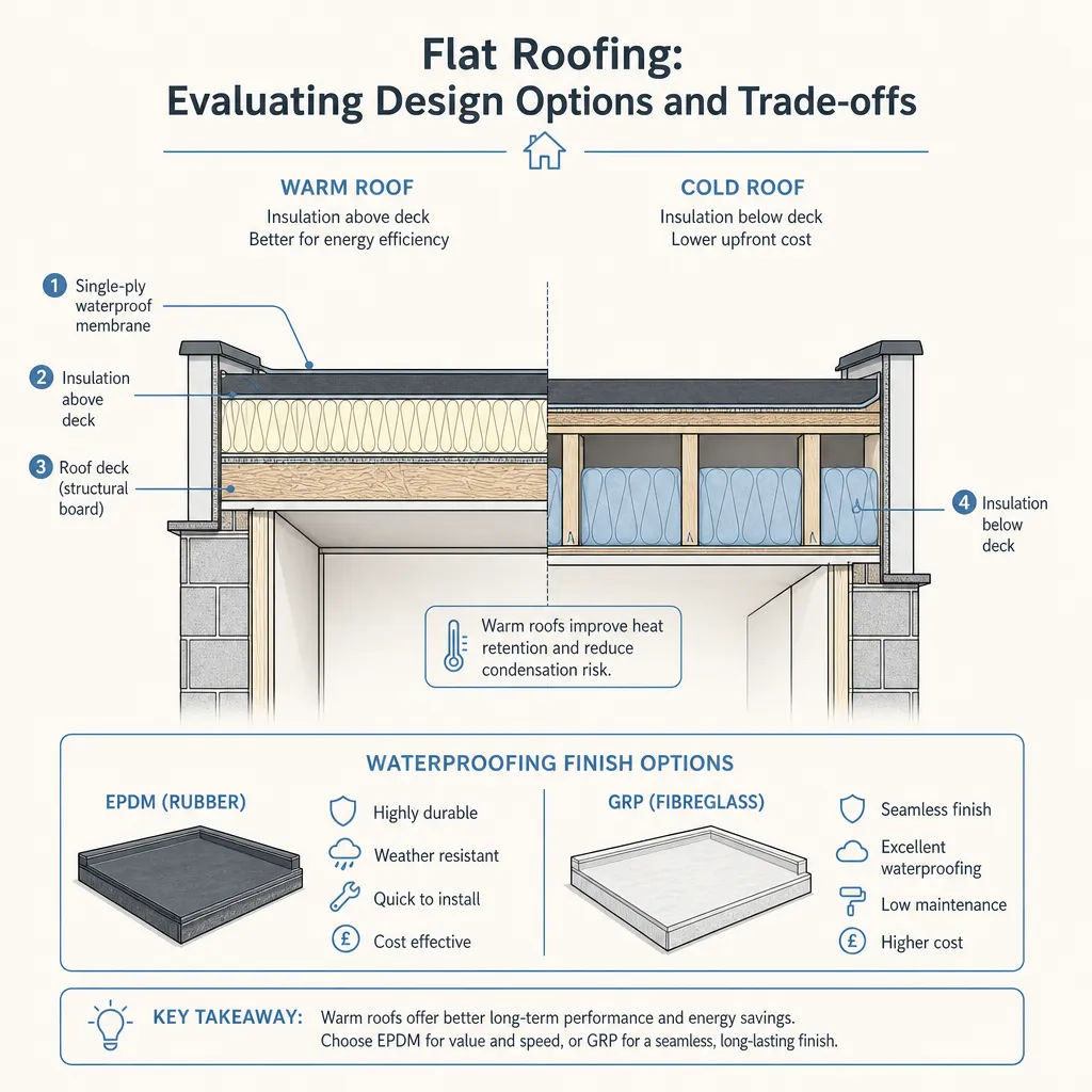 Diagram illustrating: Flat Roofing: Evaluating Design Options and Trade-offs