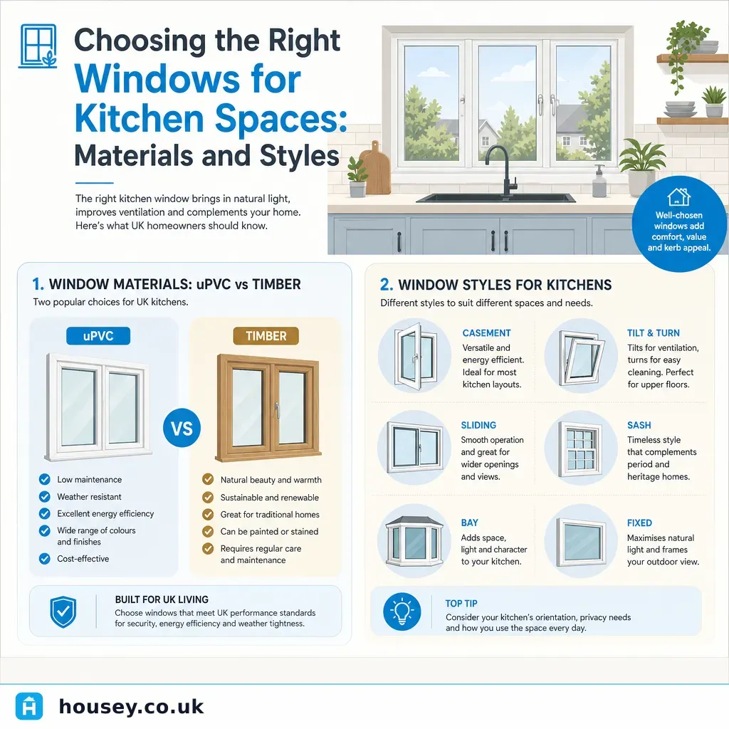 Infographic illustrating: Choosing the Right Windows for Kitchen Spaces: Materials and Styles