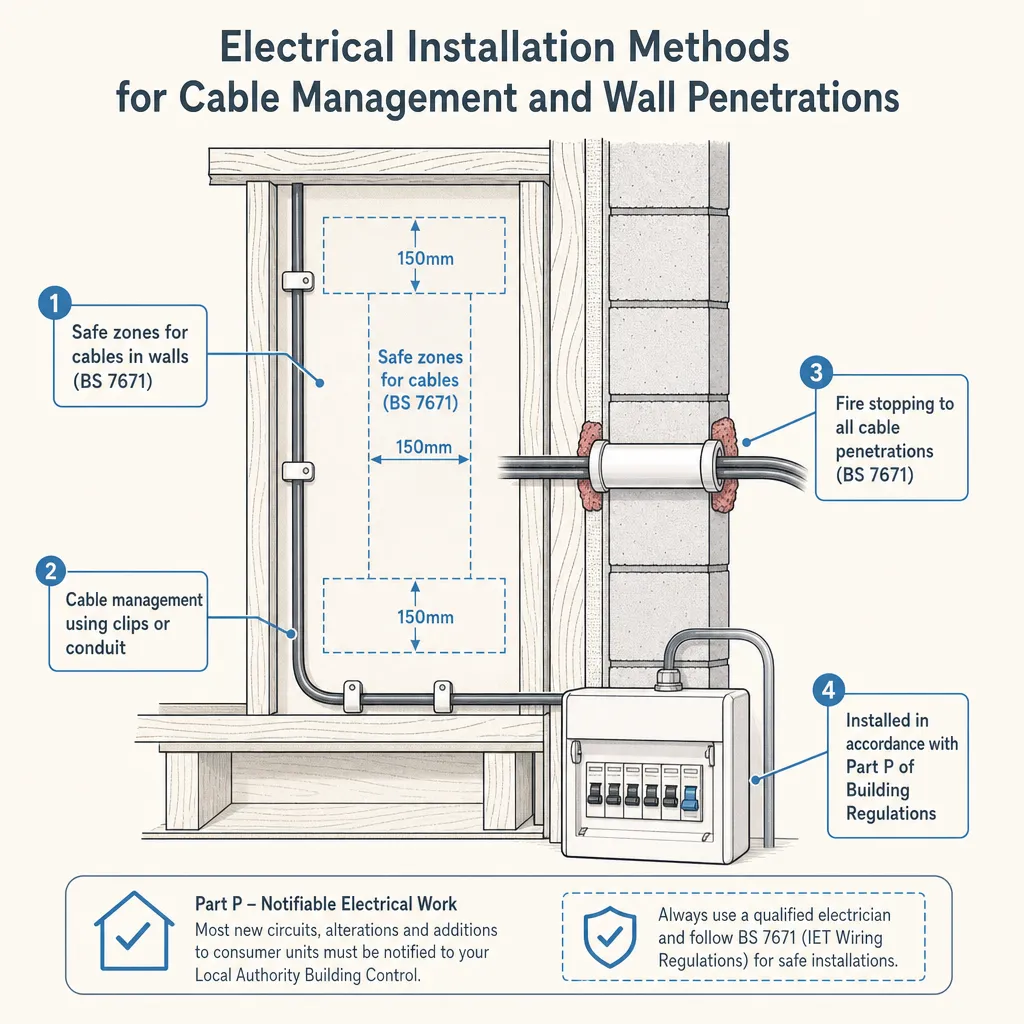Diagram illustrating: Electrical installation methods for cable management and wall penetrations