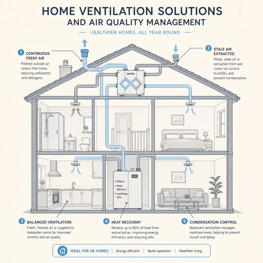 Diagram illustrating: Home Ventilation Solutions and Air Quality Management