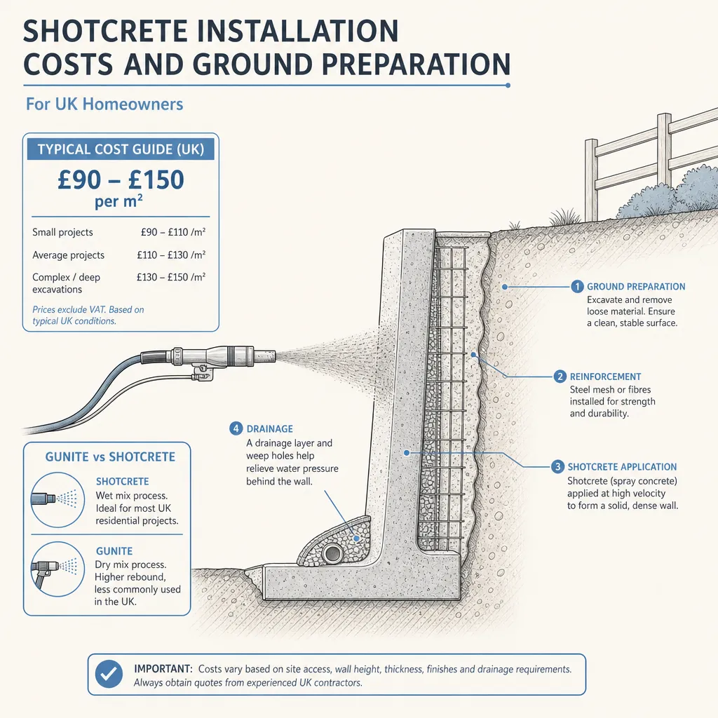 Diagram illustrating: Shotcrete Installation Costs and Ground Preparation
